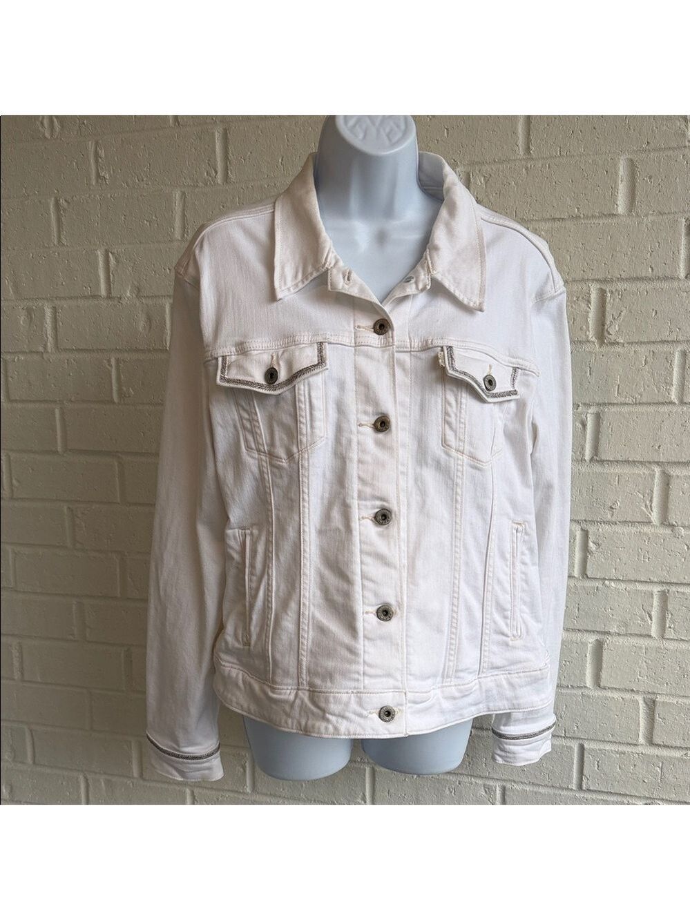 Levi Strauss & Co White Denim Trucker Jacket - Metallic Chain Embellishments XL